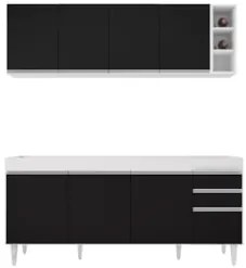 Armário Aéreo Nevada e Balcão 180cm com Tampo Dallas Branco/Preto - Lu