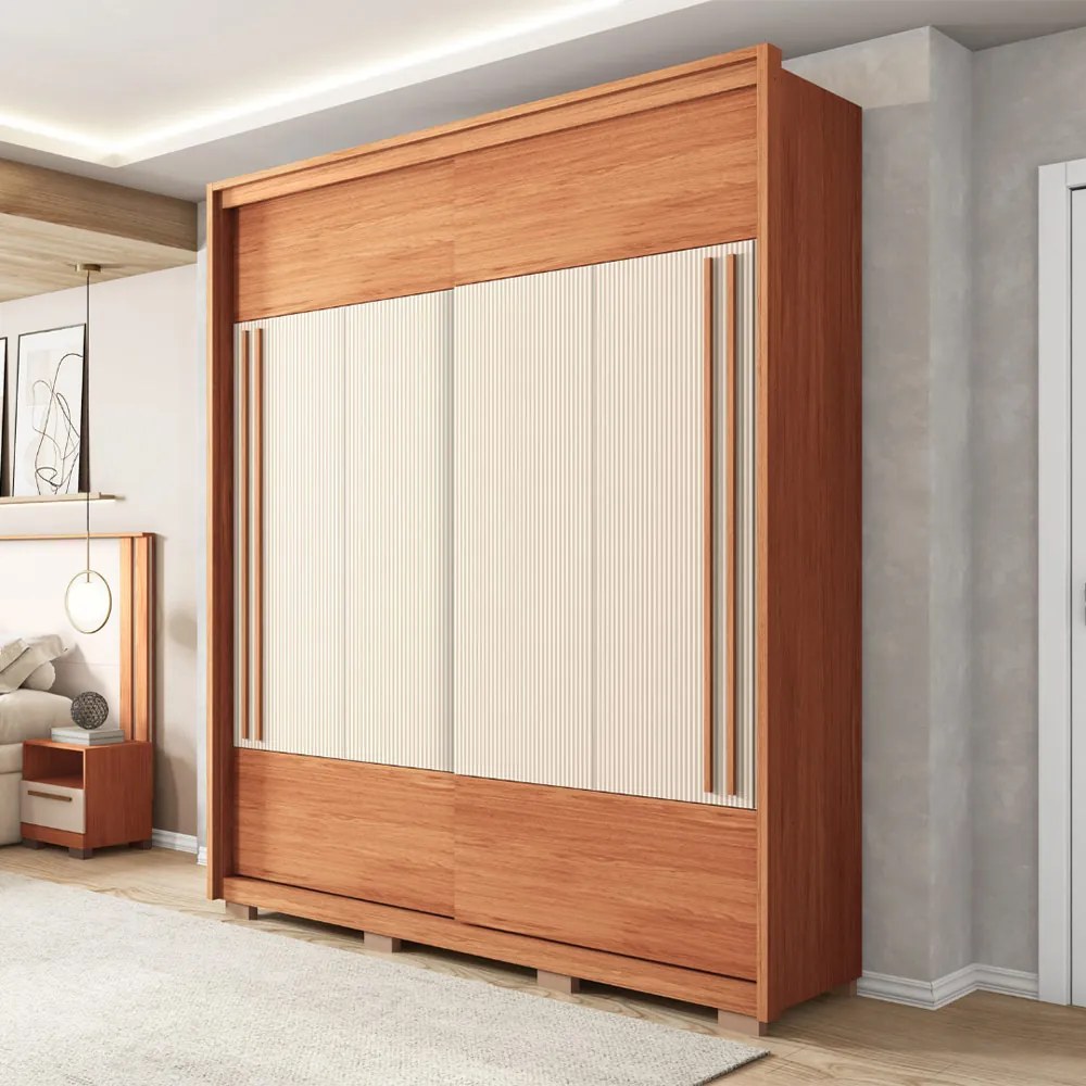 Guarda Roupa Solteiro Polônia com 2 Portas de Correr 3 Gavetas Ripado MDF Freijo/OffWhite/Sued G11- Gran Belo