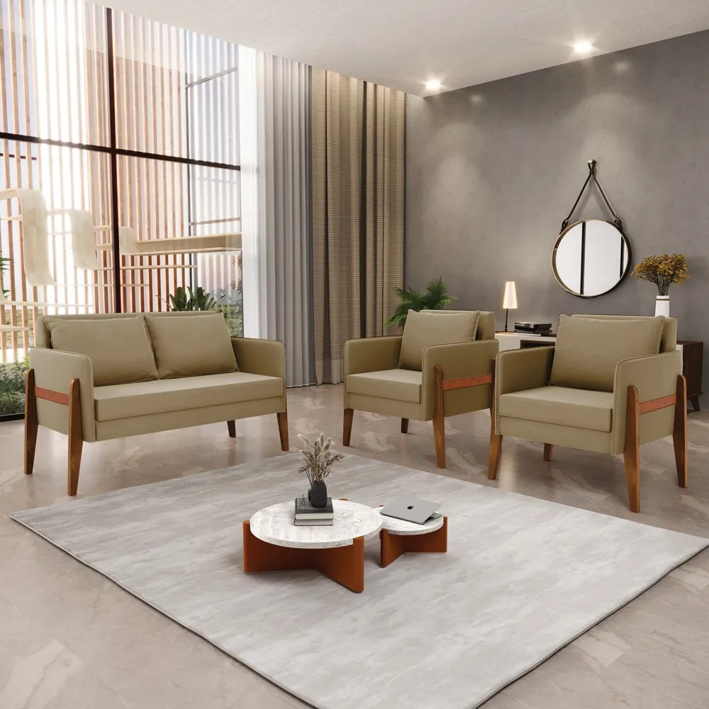 Kit 1 Sofá Namoradeira e 2 Poltronas Lana Suede Marrom Rato Base de Madeira