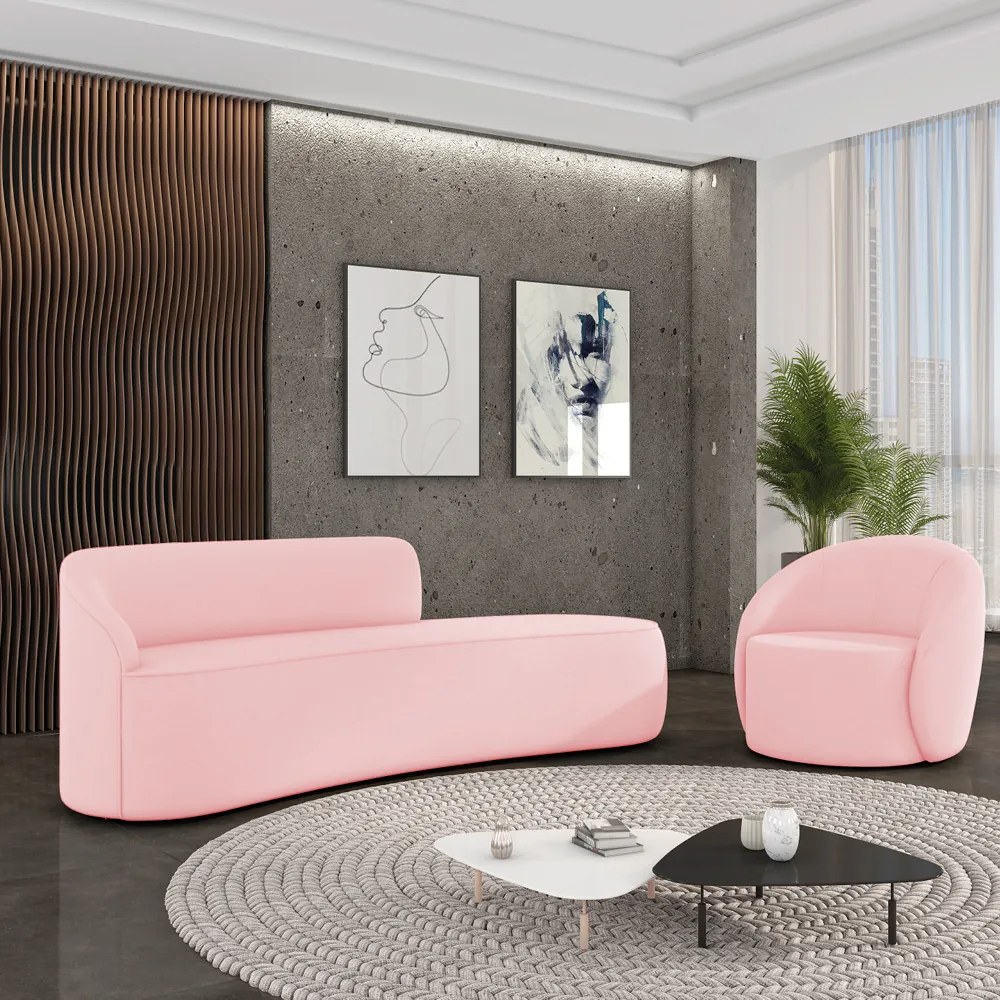 Sofá 4 Lugares Orgânico 220cm Morgan e Poltrona Lua Suede D03 - D'Rossi - Rosa Bebê