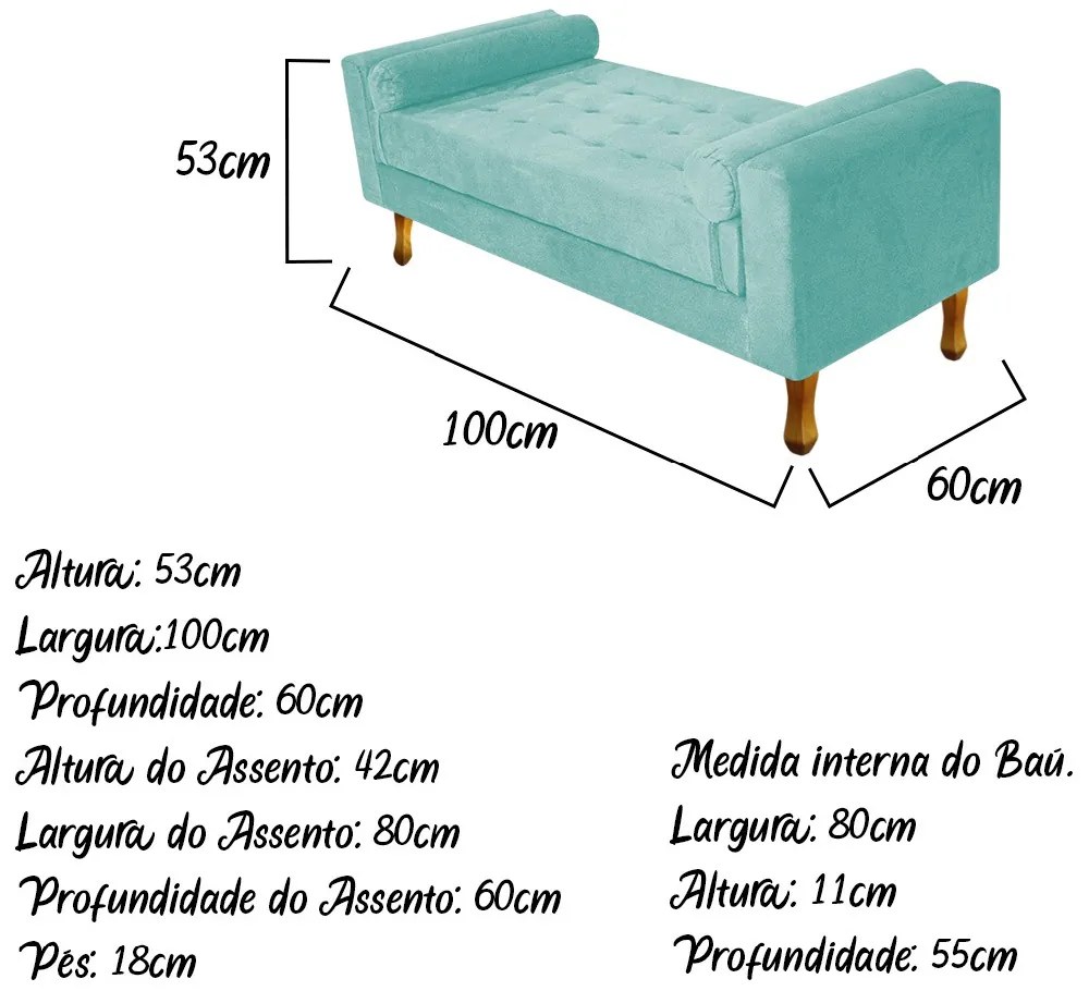 Recamier Baú Félix Solteiro 100cm Suede Azul Tiffany - ADJ Decor