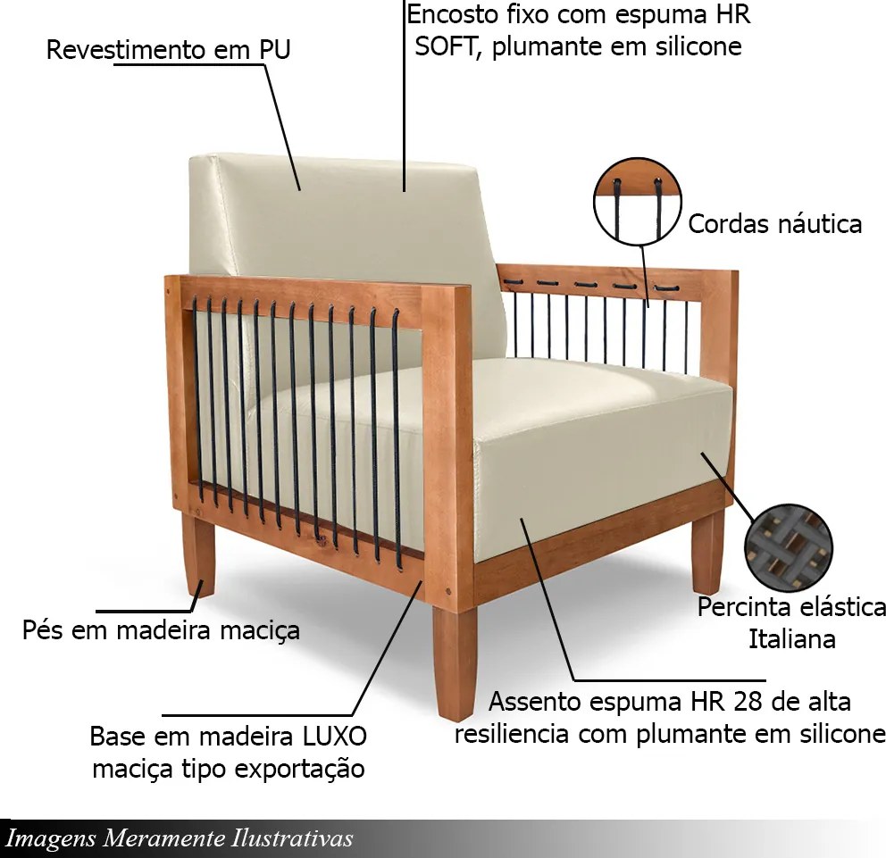Kit 2 Poltronas Sala de Estar Pés Madeira Maciça Corda Náutica Preta 75cm Manila PU Bege G63 - Gran Belo