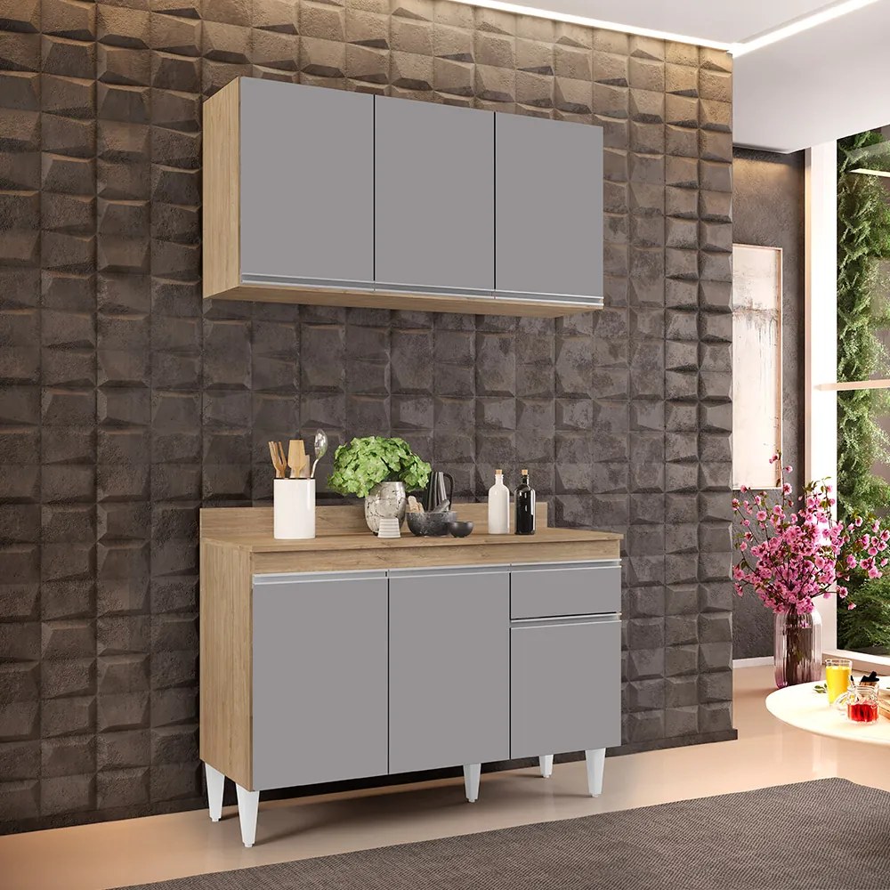 Kit Armário Aéreo e Balcão de Cozinha Lavanderia Lucy com Tampo 120cm L06 - D'Rossi - Castanho e Cinza
