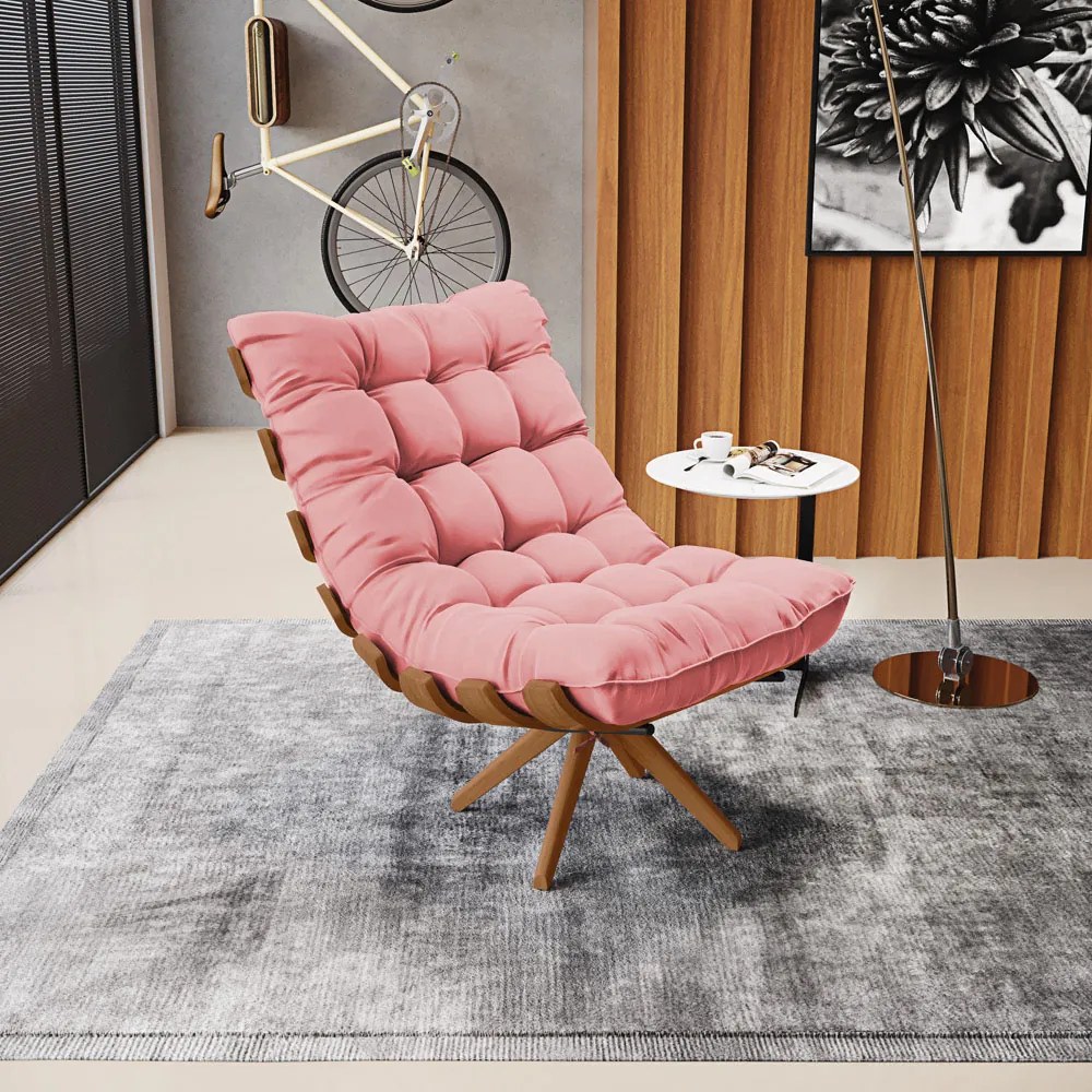 Poltrona Giratoria Costela Kit 2 Suede Base de Madeira MA30 M11 - D'Rossi - Rose