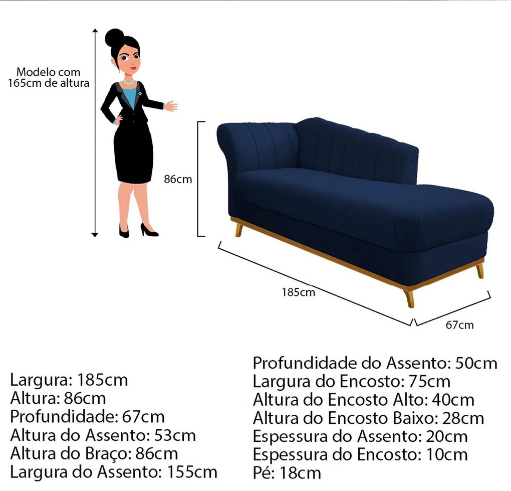 Recamier Vanessa 185cm Lado Esquerdo Suede Azul Marinho - ADJ Decor