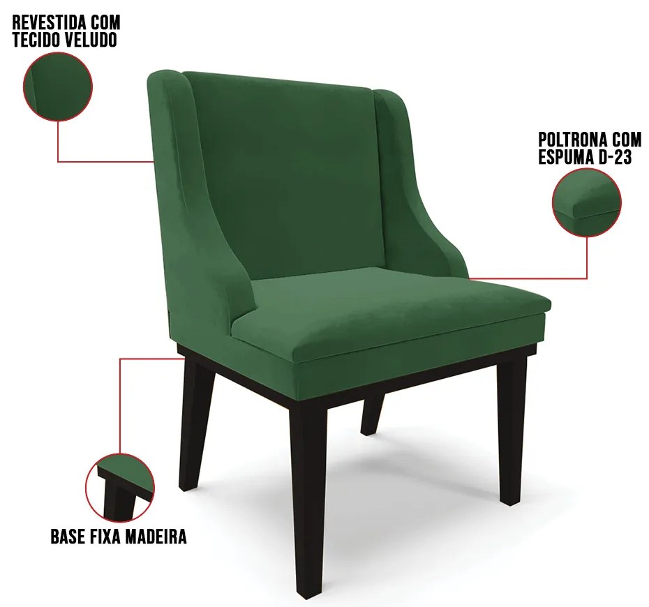 Cadeira de Jantar Liz Veludo Base Fixa Madeira Preto D03 - D'Rossi - Verde