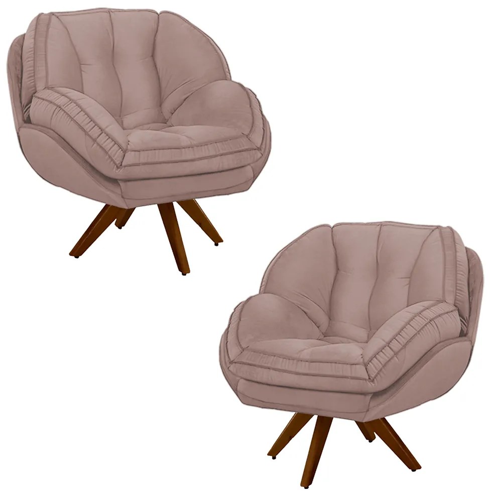 Kit 2 Poltronas Decorativas Base em Madeira Giratória Giroud Veludo Rosê G33 - Gran Belo