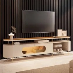 Rack TV 85 Pol 220cm 2 Portas Com LED Ária Off/Cinamomo - HB Móveis
