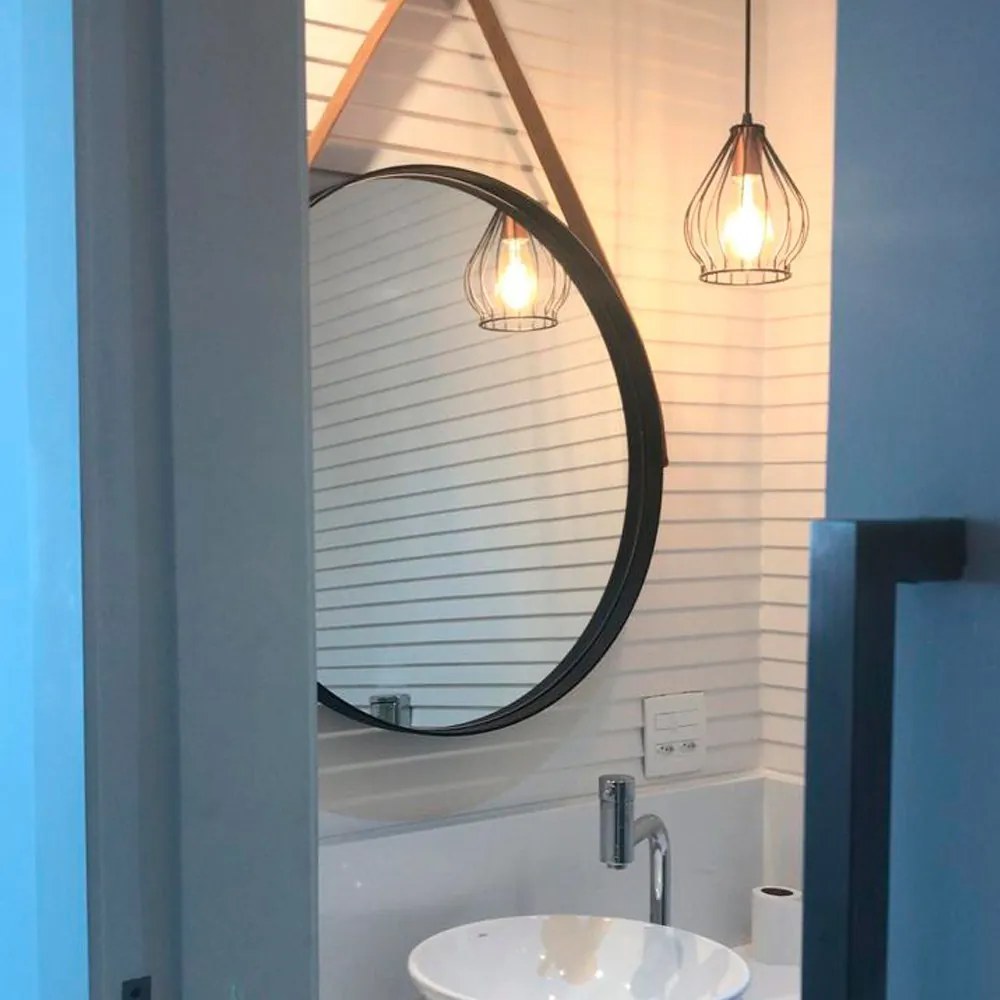 Espelho Redondo Decorativo Adnet Preto Escandinavo com Alça de Couro Caramelo 35 cm - D'Rossi