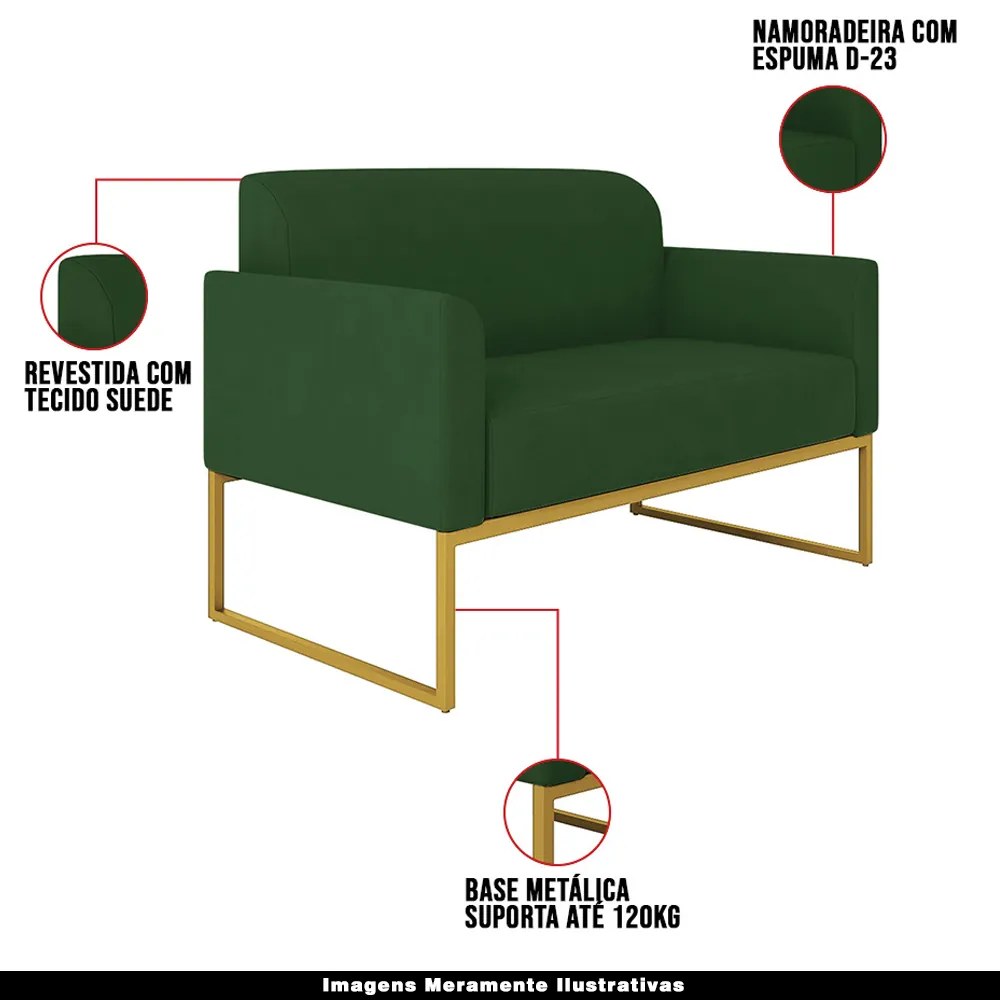 Poltrona Namoradeira Decorativa Isabella Base Industrial Suede Verde/Dourado G19 - Gran Belo