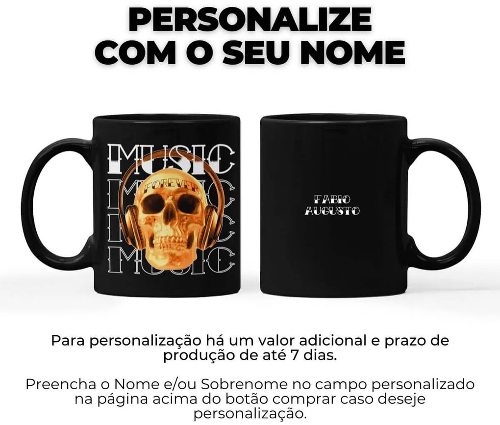 Caneca Preta Caveira Skull Music Forever