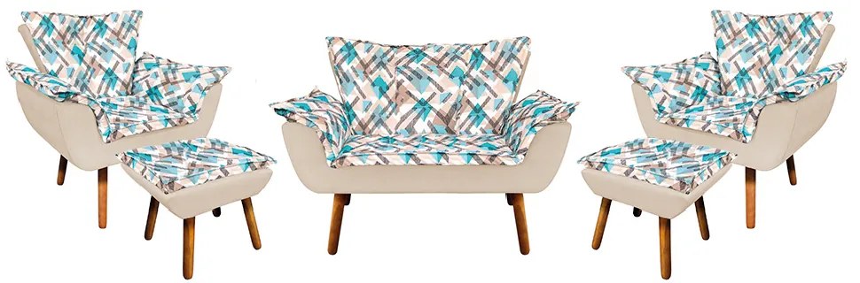 Kit 01 Namoradeira com 02 Poltronas e 02 Puffs Opala Composê Suede com Estampado Traçado Azul D33 Pés Palito Castanho - Bege