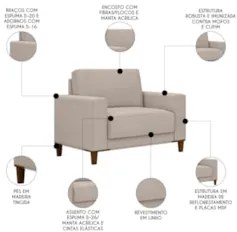 Sofá 3 Lugares 214cm Com 01 Poltrona Zaire Z32 Linho Areia     - Mpoze