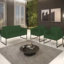 Sofá Namoradeira e 2 Poltronas Base Industrial Preto Ana Veludo Luxo V