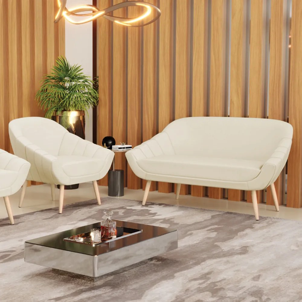 Kit 01 Namoradeira 02 Lugares e 01 Poltrona Giovana Linho Bege A19 Pés Palito Natural - Indo Decorar