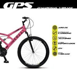 Bicicleta GPS Aro 26 Aço 21 Marchas Dupla Suspensão Freio V-Brake Rosa