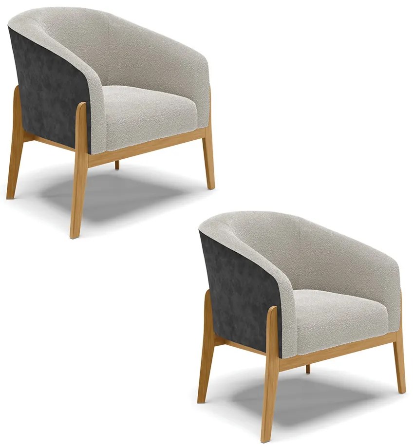 Poltrona Decorativa Base Madeira Kit 2 Stella PU Preto/Bouclê D03 - D'Rossi - Cinza
