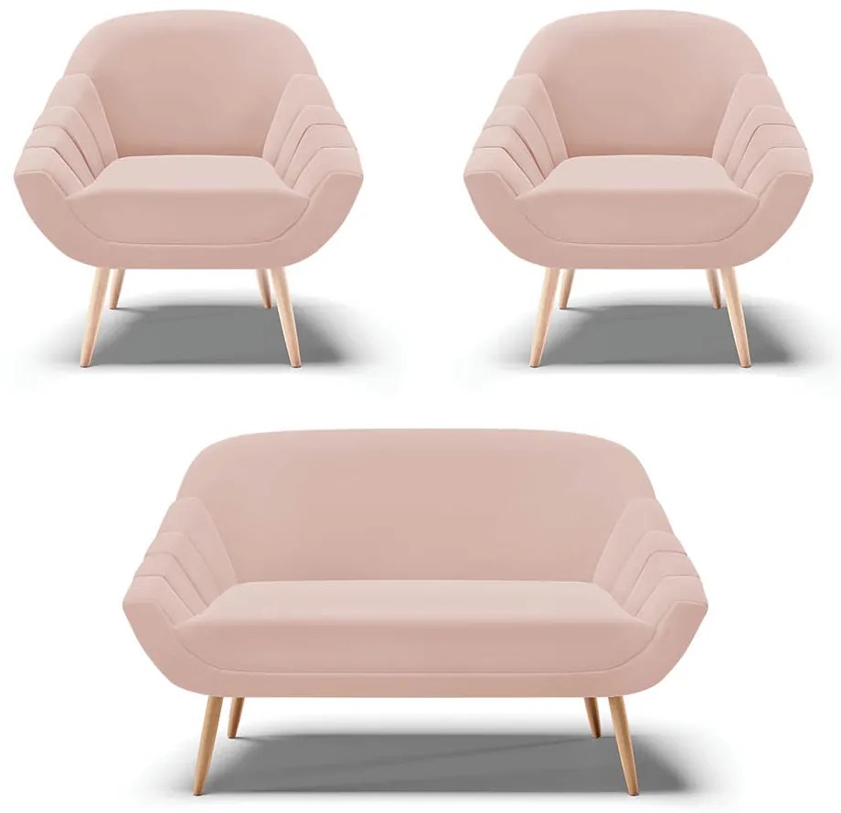 Kit 01 Namoradeira 02 Lugares e 02 Poltronas Giovana Veludo Pés Palito Natural D03 - D'Rossi - Rose