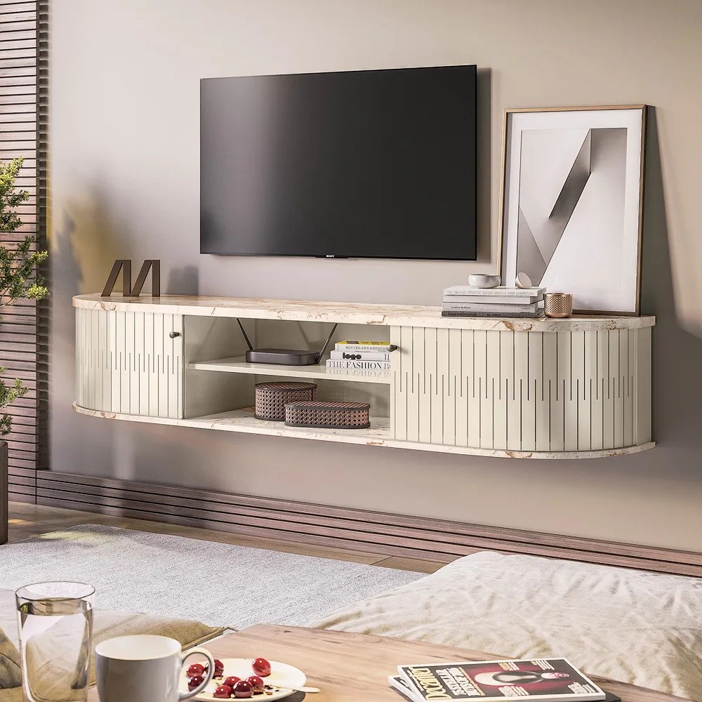 Rack TV 75 Pol 183cm Bancada Suspenso Ripado Aurenzo M20 - D'Rossi - Calacata e Off White