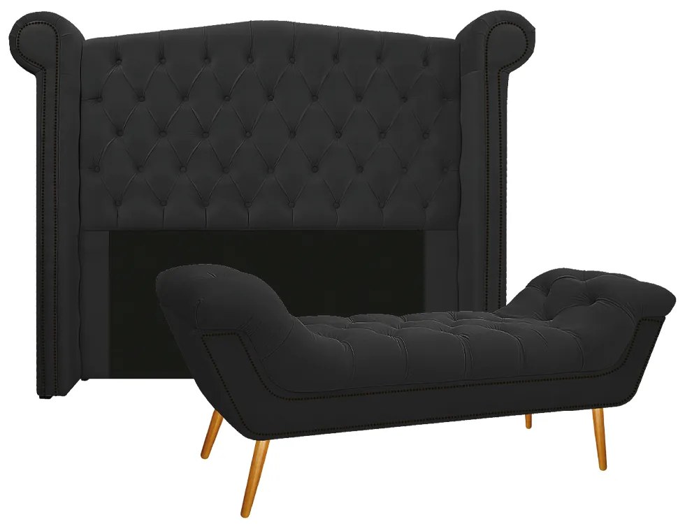 Kit Cabeceira e Calçadeira Veneza 160 cm Queen Size Suede Preto - ADJ Decor