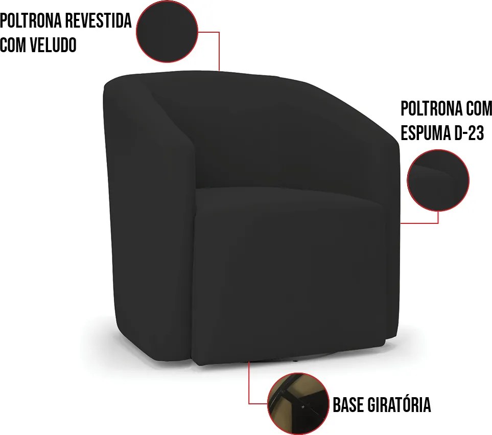 Poltrona Decorativa Base Giratória Stella Max Veludo Preto D03 - D'Rossi