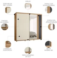 Guarda Roupa Casal 240cm com Espelho Aline Flex A02 Off/Titanium - Mpo