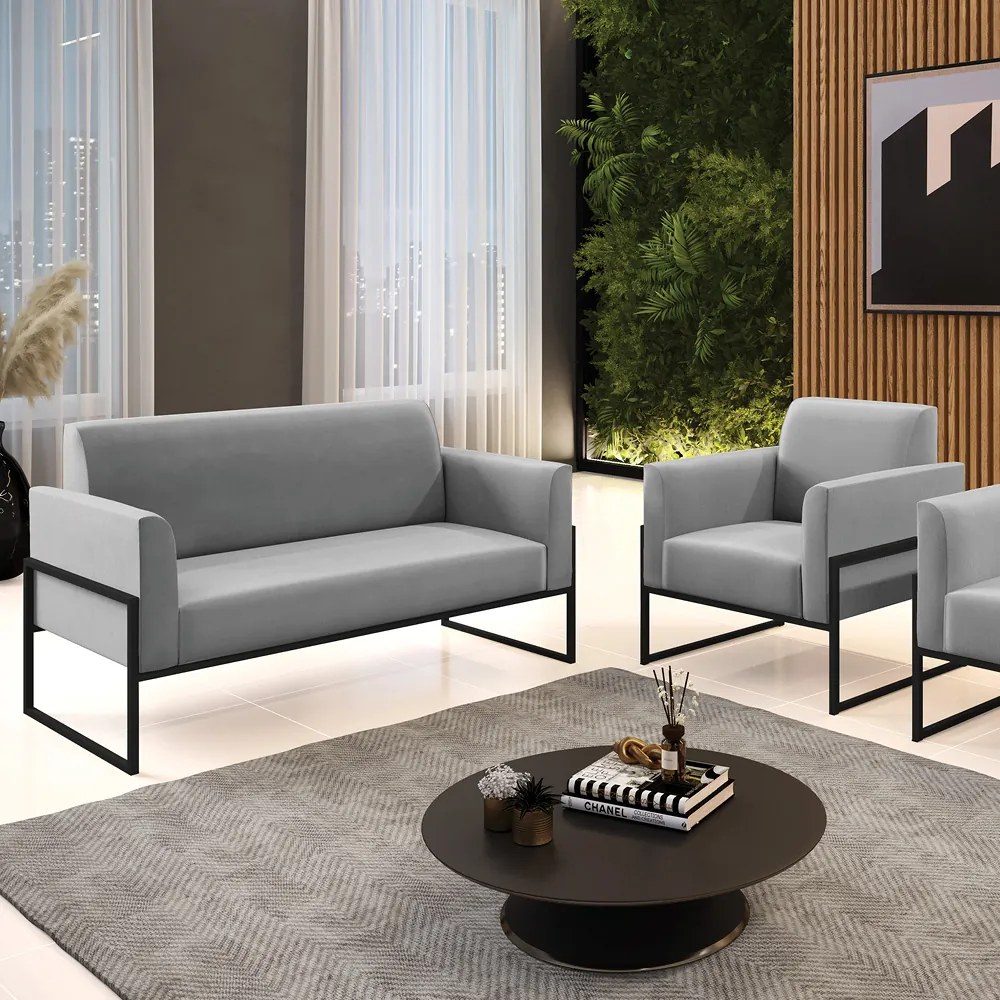 Sofá Namoradeira com Poltrona Base Industrial Alta Preto Marisa Suede D03 - D'Rossi - Cinza