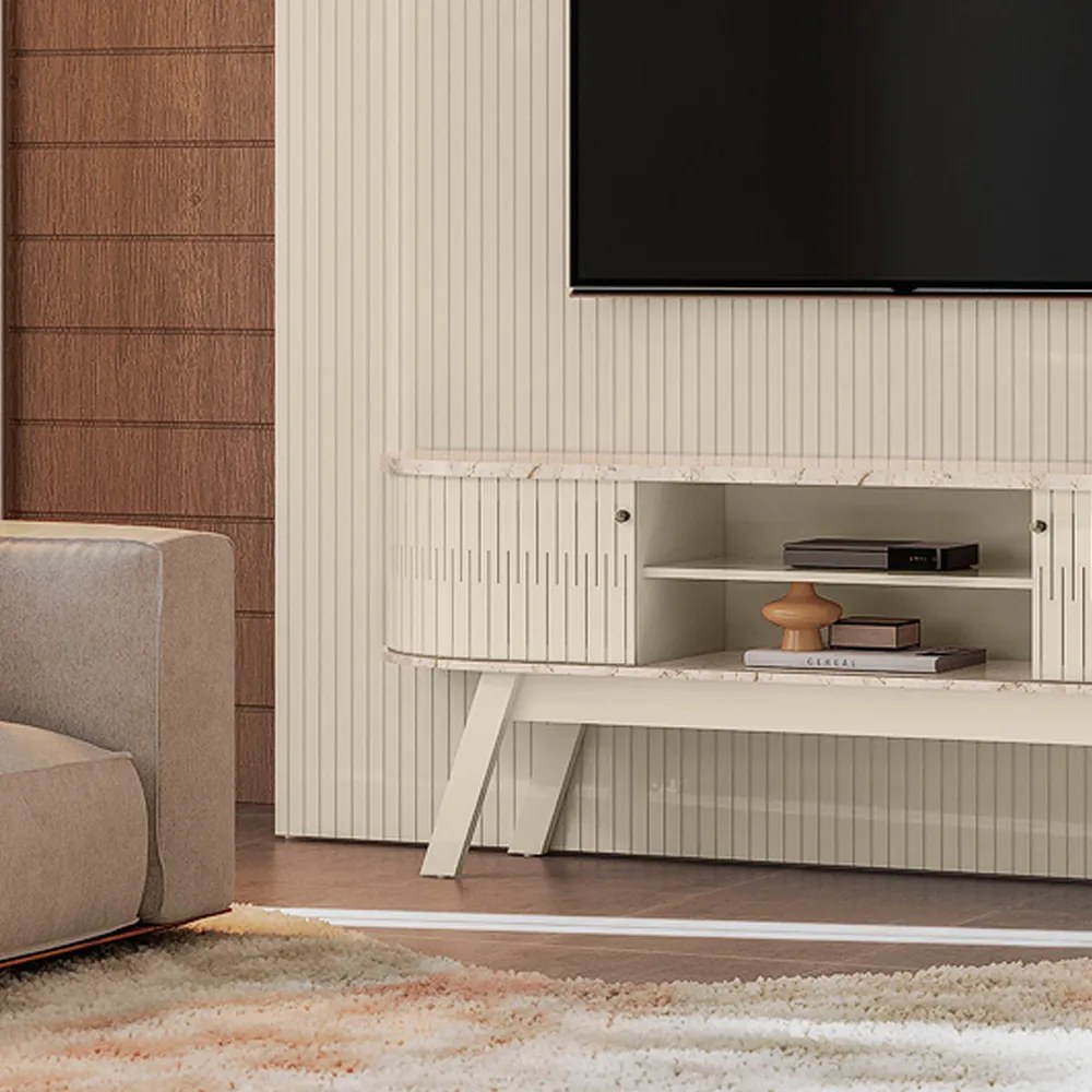 Painel TV 75 Pol 238cm Ripado Kalven com Rack Bancada Enzari Calacata/Off White M20 - D'Rossi
