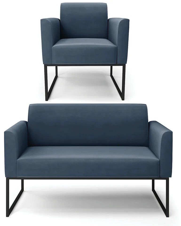 Sofá Namoradeira com Poltrona Base Industrial Preto Marisa Suede Azul Marinho D03 - D'Rossi