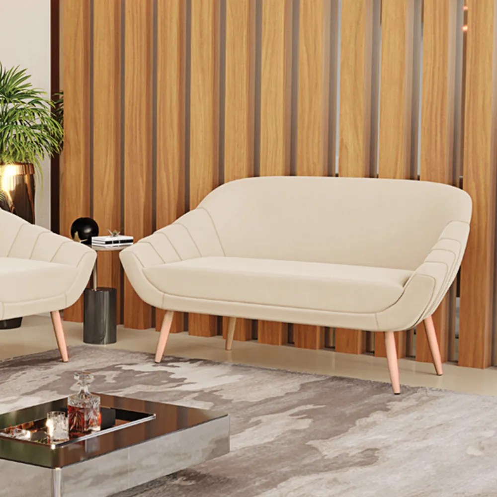 Namoradeira 02 Lugares Giovana Suede Pés Palito Natural - D'Rossi - Bege