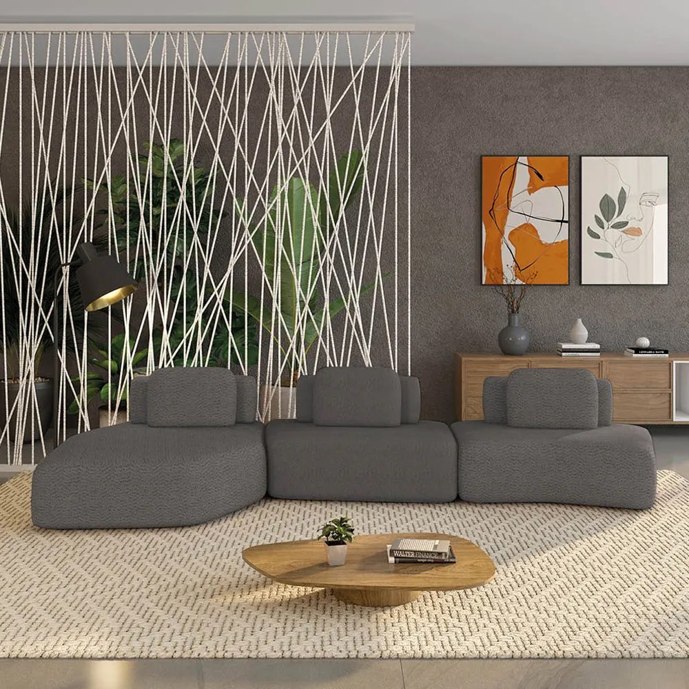 Sofá 3 Lugares Orgânico com Chaise e  2 Módulos Berlim Bouclê Gf K01 - D'Rossi - Grafite
