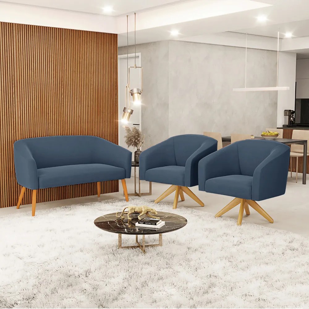 Namoradeira e 2 Poltronas Giratória MA30 Stella Suede D03 - D'Rossi - Azul Marinho