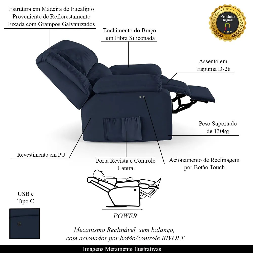 Poltrona do Papai Reclinável Melim Power Touch USB PU FH1 - D'Rossi - Azul