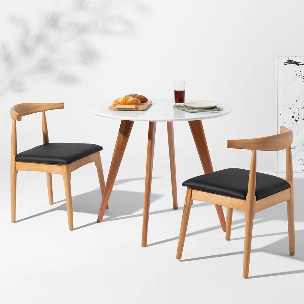 Conjunto Mesa de Jantar Square Redonda Branca - 88cm + 2 Cadeiras Elbow Madeira - Conjunto Mesa de Jantar Square Redonda Branca - 88cm + 02 Cadeira Elbow Madeira
