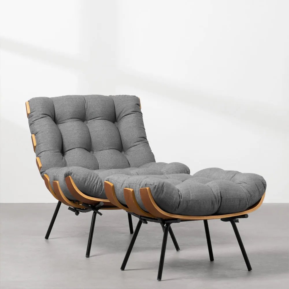 Poltrona Costela Slim com Puff Trellis Grafite - Poltrona Costela Slim com Puff - Trellis Grafite