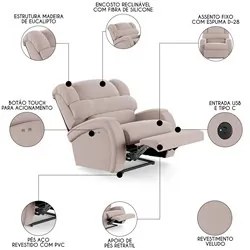 Poltrona do Papai Reclinável Kalie Power Touch USB FH9 Veludo Rosê - M