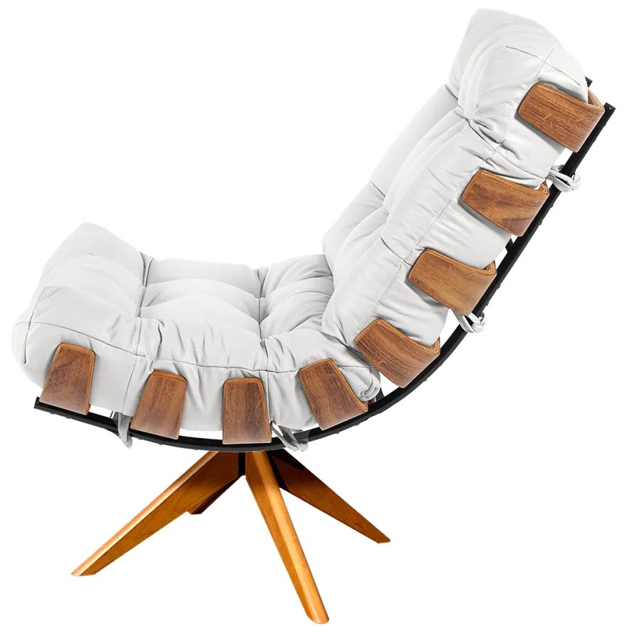 Poltrona Giratória Costela Couro Branco Base de Madeira MM30 M11 - D'Rossi