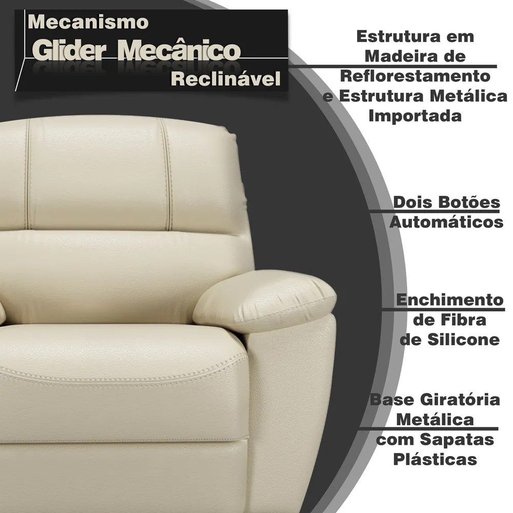 Poltrona do Papai Reclinável Giratória Armênia Glider Mecânico Couro Off White G40 - Gran Belo