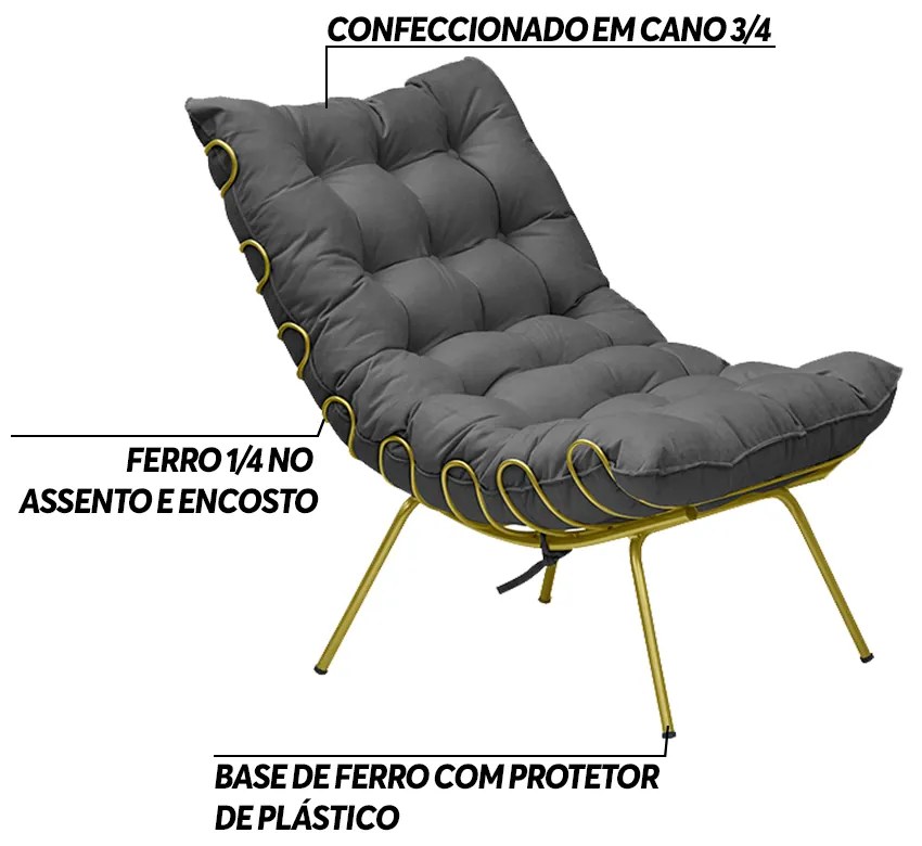 Poltrona Decorativa Sala de Estar Abel Base de Ferro Dourada Suede Cinza G41 - Gran Belo