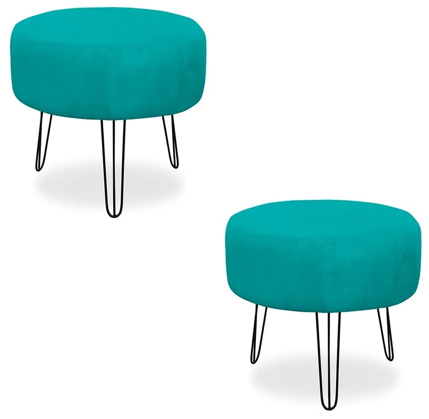 Kit 02 Puffs Redondos para Sala Chloe Suede Azul Tiffany