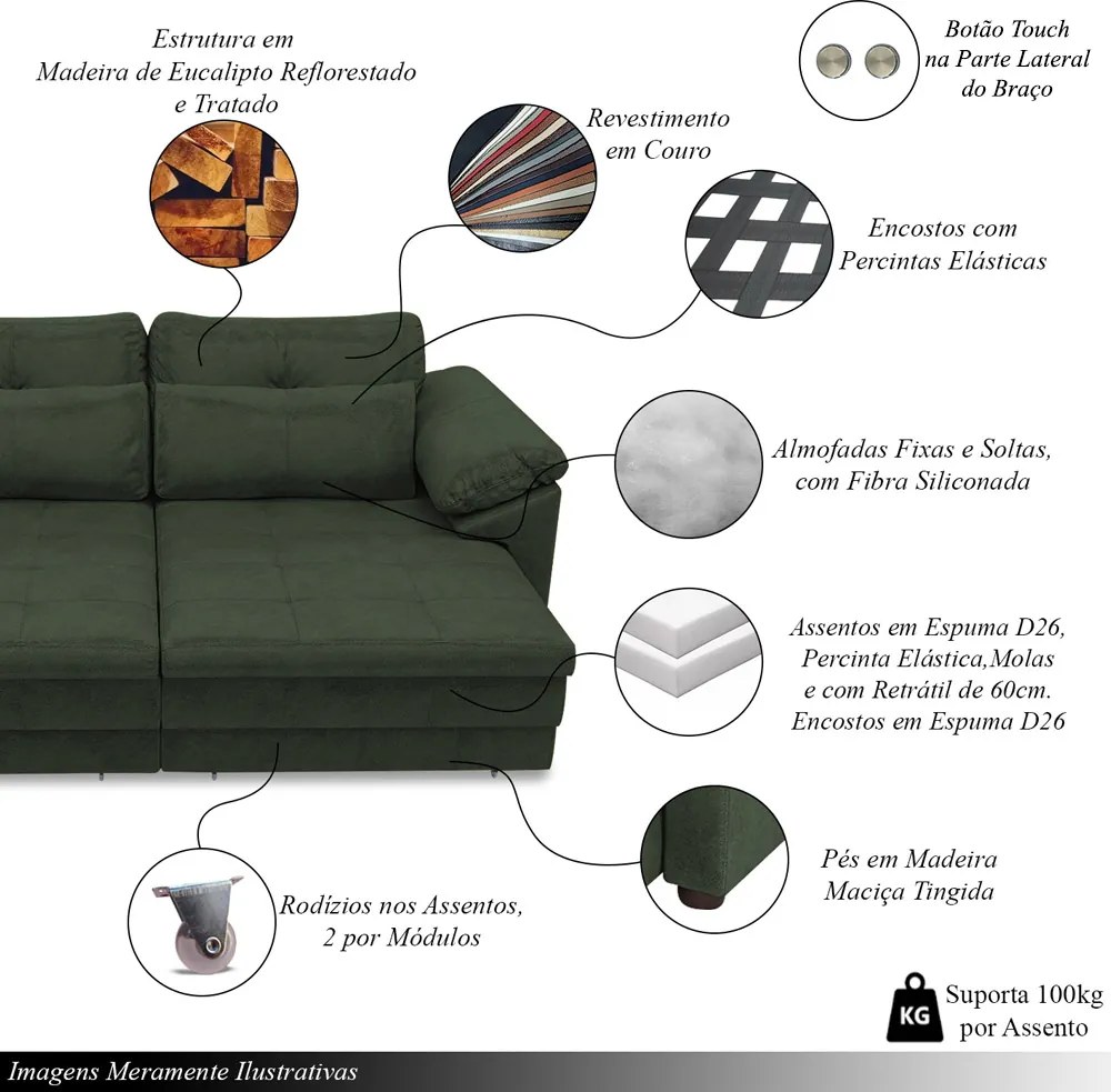 Sofá Retrátil Elétrico Sala de Estar Nolan Bipartido 257cm Conforto Premium em Couro Verde Manchado G58 - Gran Belo