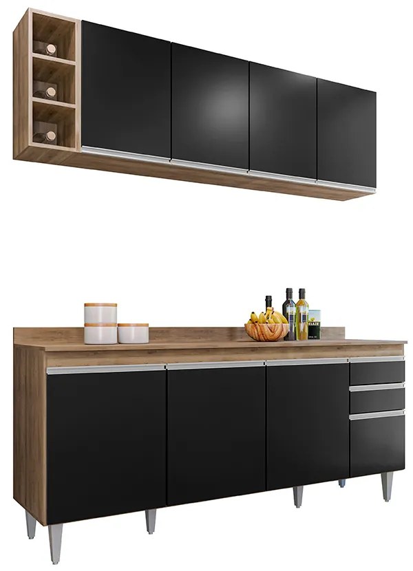 Conjunto Balcão de Cozinha com Tampo Apex Armário Aéreo MDP/BP Freijó/Preto G96 - Gran Belo