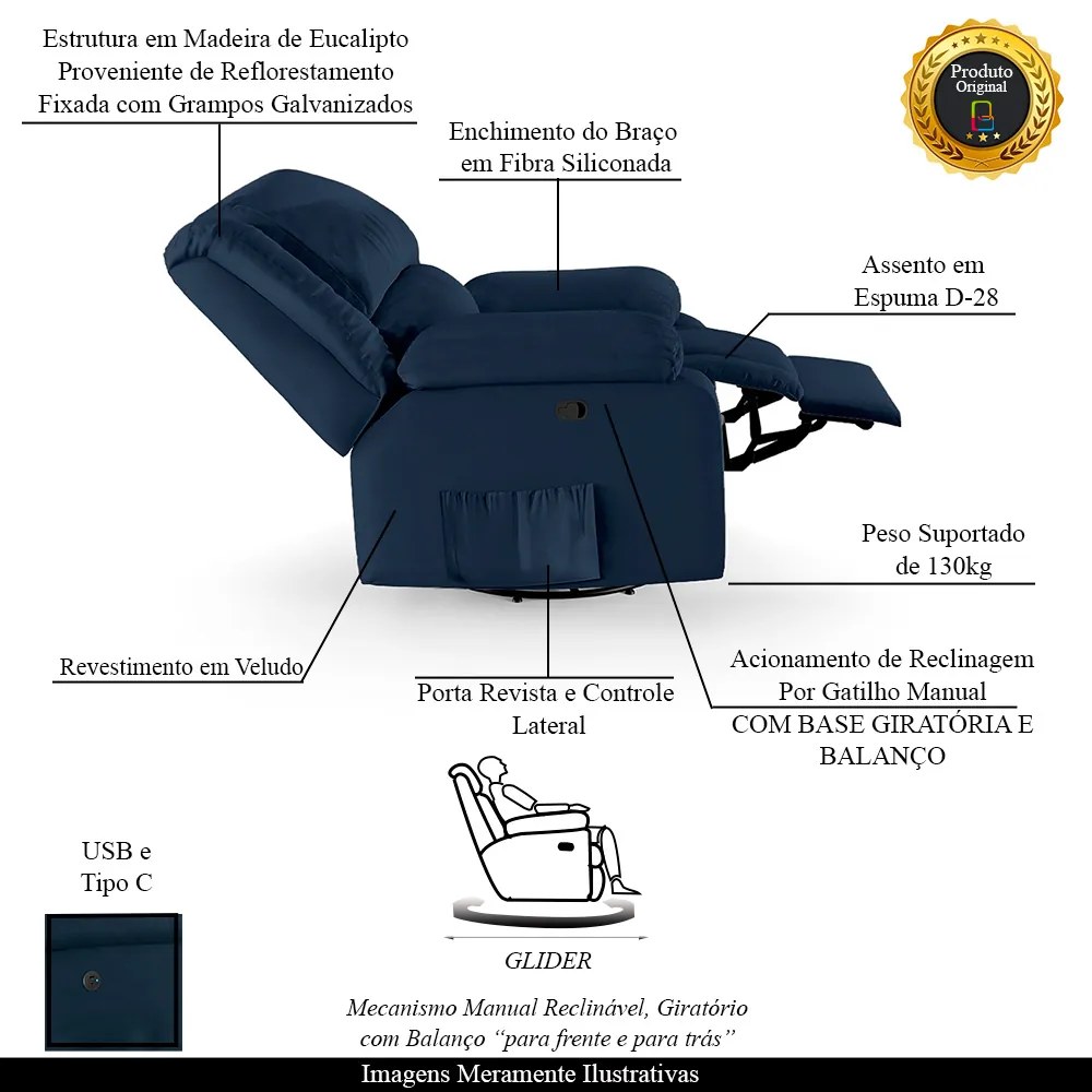 Poltrona do Papai Reclinável Sala de Cinema Madrid Glider Manual Giratória USB PU Azul  G23