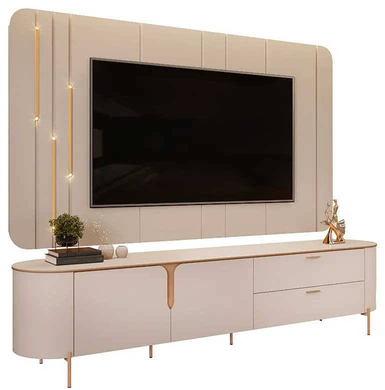 Painel com Bancada Celine Pés Metalicos em Dourado 241cm com LED Off White G18 - DJ Móveis