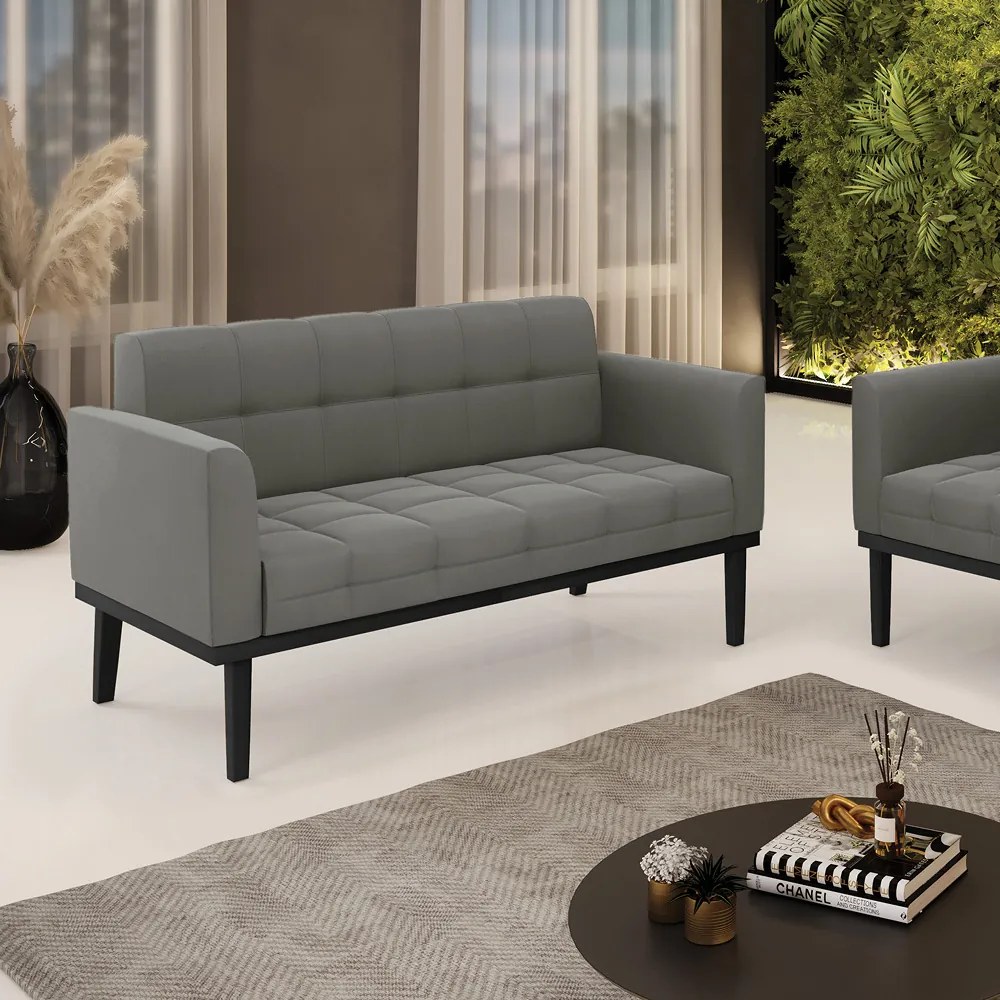 Sofá Namoradeira 2 Lugares Base de Madeira Preto Elisa Suede D03 - D'Rossi - Grafite