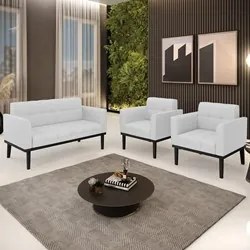 Sofá Namoradeira e 2 Poltronas Base Madeira Preto Ana Linho Cinza - Ib