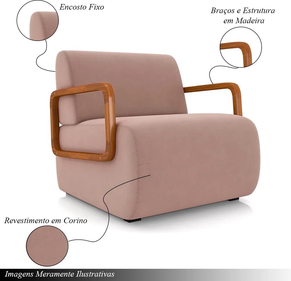 Kit 2 Poltronas Decorativa Sala de Estar Odessa Braços em Madeira Veludo Rosê G33 - Gran Belo