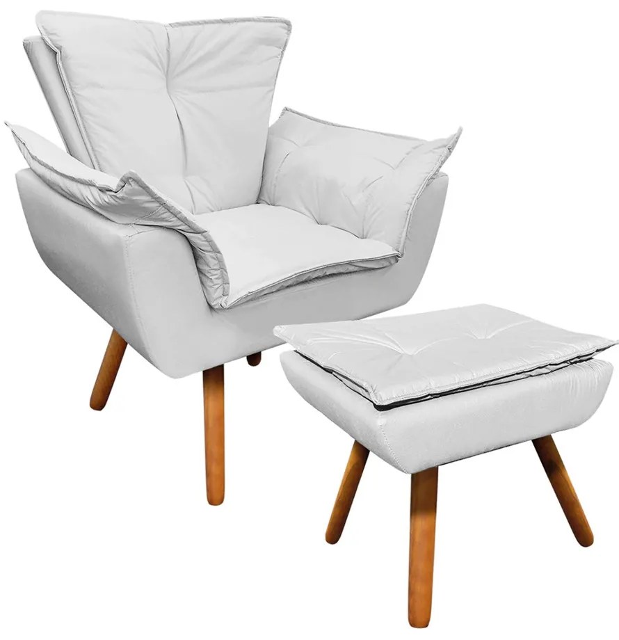 Poltrona e Puff Decorativo Pé Palito de Madeira Opala Corino - Branco