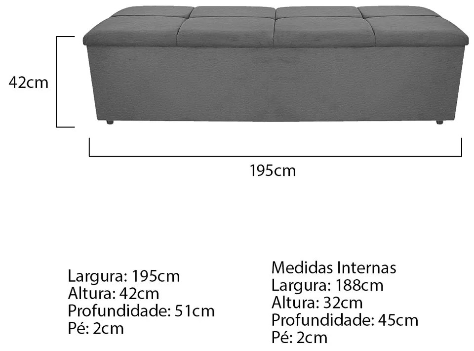 Calçadeira Munique 195 cm King Size Corano Cinza - ADJ Decor