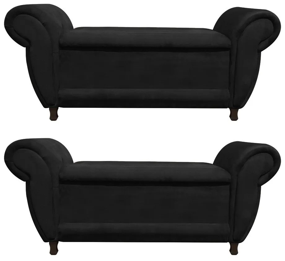 Kit 02 Recamier com Baú Itália Namoradeira Calçadeira Suede Preto D'Rossi